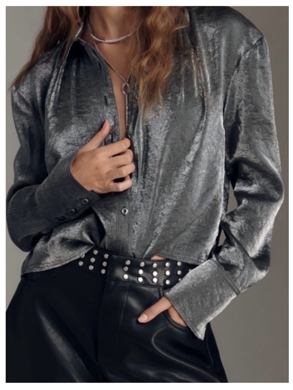 🟤NWT PILCRO by ANTHROPOLOGIE Liquid Shine Buttondown Shirt in Gunmetal